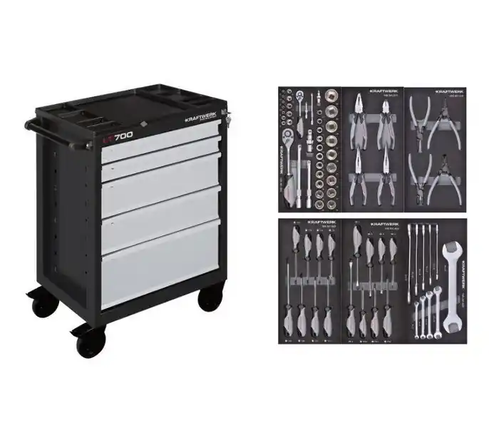 Dílenský vozík LT700 5 zásuvek + nářadí 6 modulů 74ks Basic Line