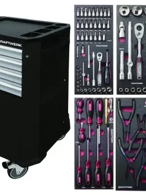 Dílenský vozík P206 (černý) 4 zásuvky + dveře PROFI Line s výbavou 6 modulů