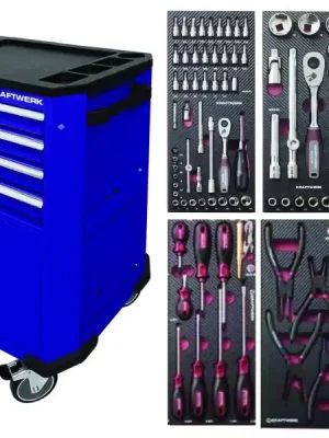 Dílenský vozík P206 (modrý) 4 zásuvky + dveře PROFI Line s výbavou 6 modulů