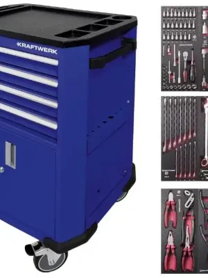 Dílenský vozík P206 (modrý) 4 zásuvky + dveře PROFI Line s výbavou 9 modulů