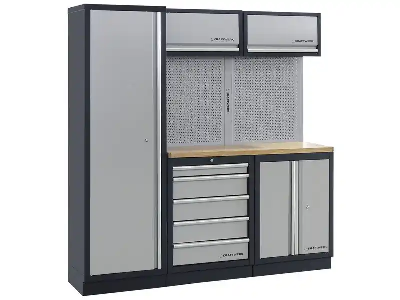 AKCE KW Dílenská stěna 1960x488x2000mm, deska Multiplex MOBILIO GREY dílenský nábytek