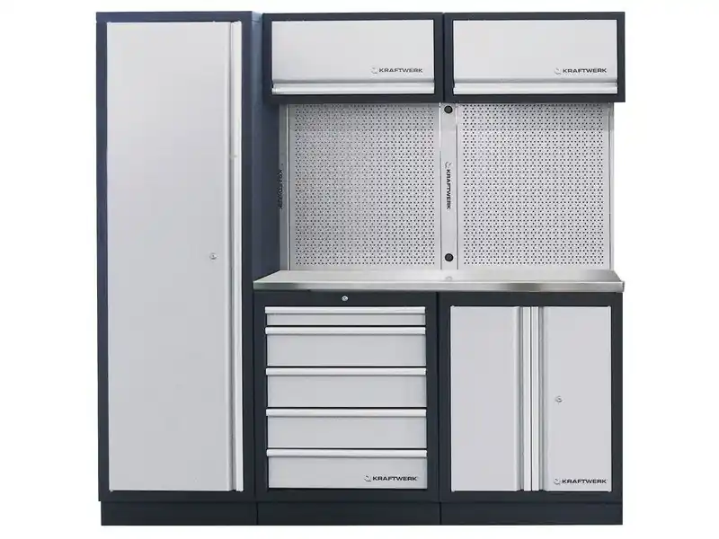 Dílenská stěna 1960x488x2000mm, deska NEREZ MOBILIO GREY dílenský nábytek