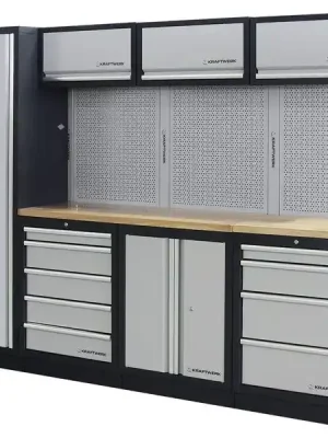 AKCE KW Dílenská stěna 2640x488x2000mm 9 zásuvek a skříňka, deska Multiplex MOBILIO GREY dílenský nábytek