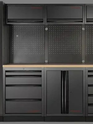 AKCE KW Dílenská stěna 2640x488x2000mm 9 zásuvek a skříňka, deska Multiplex MOBILIO BLACK