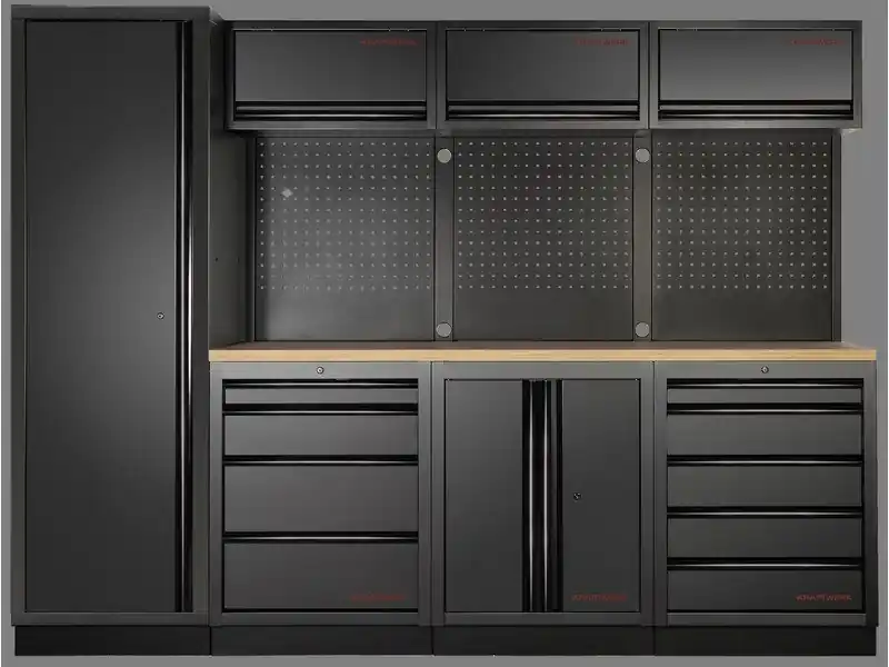 AKCE KW Dílenská stěna 2640x488x2000mm 9 zásuvek a skříňka, deska Multiplex MOBILIO BLACK