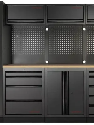 Dílenská stěna 2640x721x2000mm 9 zásuvek a skříňka, deska Multiplex EXTRA HLUBOKÁ MOBILIO BLACK dílenský nábytek