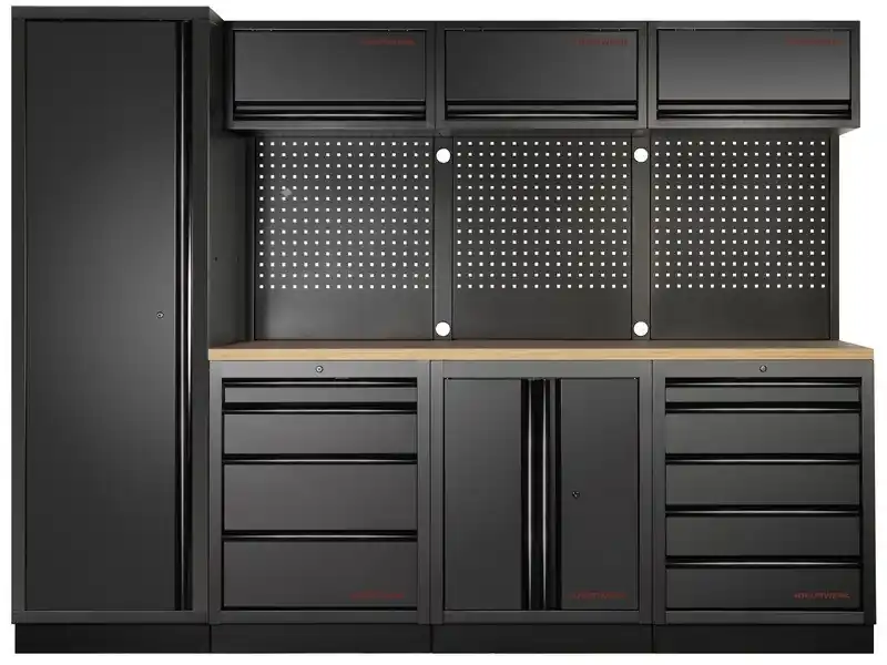 Dílenská stěna 2640x721x2000mm 9 zásuvek a skříňka, deska Multiplex EXTRA HLUBOKÁ MOBILIO BLACK dílenský nábytek