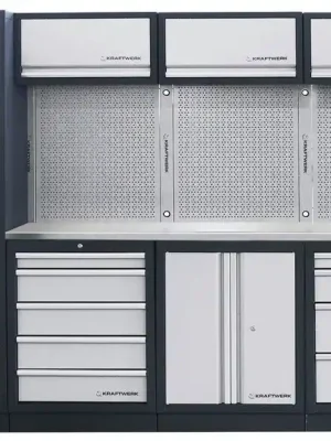 AKCE KW Dílenská stěna 2640x488x2000mm 9 zásuvek a skříňa, deska NEREZ MOBILIO GREY dílenský nábytek