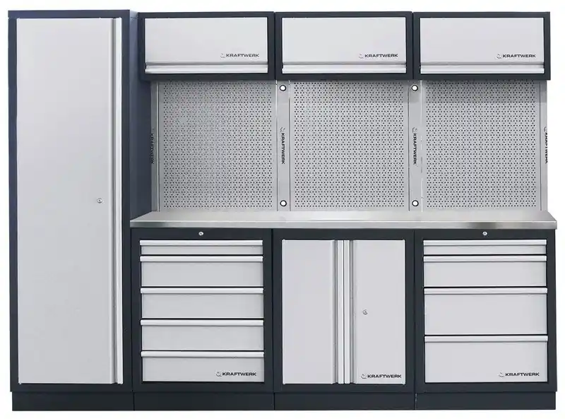 AKCE KW Dílenská stěna 2640x488x2000mm 9 zásuvek a skříňa, deska NEREZ MOBILIO GREY dílenský nábytek