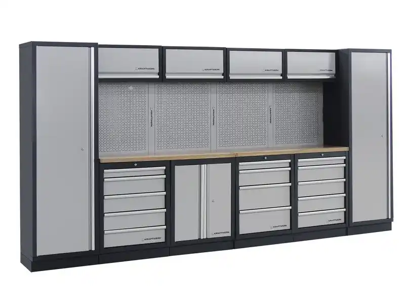 AKCE KW Dílenská stěna 3920x488x2000mm 14 zásuvek a skříňka, deska Multiplex MOBILIO GREY dílenský nábytek