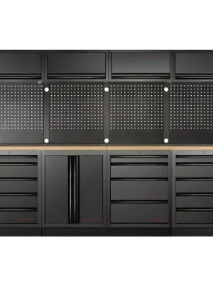 Dílenská stěna 3920x721x2000mm 14 zásuvek a skříňka, deska Multiplex EXTRA HLUBOKÁ MOBILIO BLACK dílenský nábytek