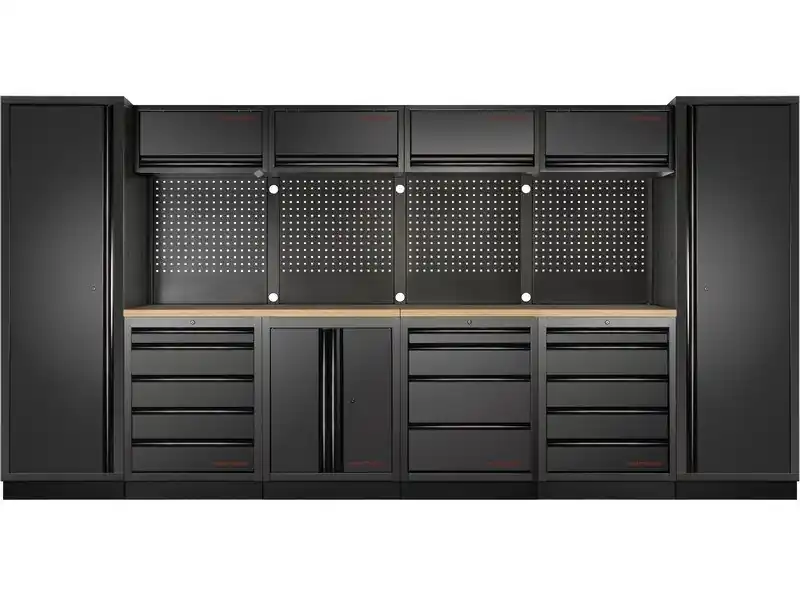 Dílenská stěna 3920x721x2000mm 14 zásuvek a skříňka, deska Multiplex EXTRA HLUBOKÁ MOBILIO BLACK dílenský nábytek