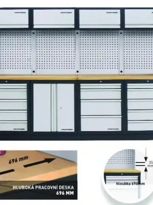 AKCE KW Dílenská stěna 3920x721x2000mm 14 zásuvek a skříňka, deska Multiplex EXTRA HLUBOKÁ MOBILIO GREY dílenský nábytek