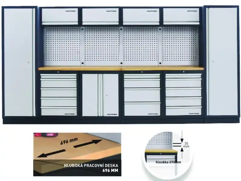 AKCE KW Dílenská stěna 3920x721x2000mm 14 zásuvek a skříňka, deska Multiplex EXTRA HLUBOKÁ MOBILIO GREY dílenský nábytek