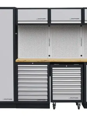 AKCE KW Dílenská stěna 2955x488x2000mm 9 zásuvek, skříňka a vozík, deska Multiplex MOBILIO GREY dílenský nábytek
