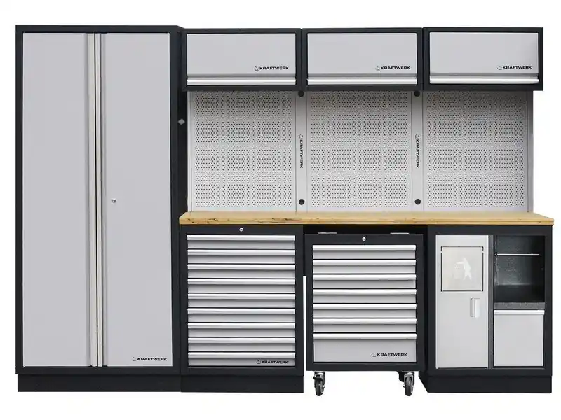 AKCE KW Dílenská stěna 2955x488x2000mm 9 zásuvek, skříňka a vozík, deska Multiplex MOBILIO GREY dílenský nábytek