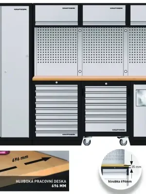 AKCE KW Dílenská stěna rohová 2955x721x2000mm, deska Multiplex EXTRA HLUBOKÁ MOBILIO GREY dílenský nábytek