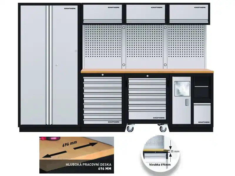 AKCE KW Dílenská stěna rohová 2955x721x2000mm, deska Multiplex EXTRA HLUBOKÁ MOBILIO GREY dílenský nábytek