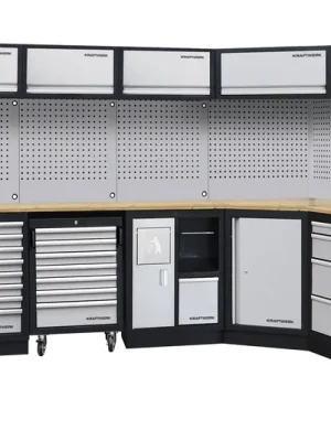 AKCE KW Dílenská stěna rohová 3819/2824x488x2000mm, deska Multiplex MOBILIO GREY dílenský nábytek
