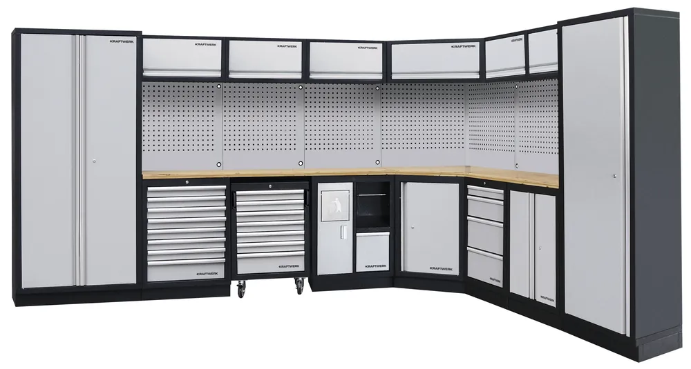 AKCE KW Dílenská stěna rohová 3819/2824x488x2000mm, deska Multiplex MOBILIO GREY dílenský nábytek