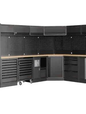 AKCE KW Dílenská stěna rohová 3819/2824x488x2000mm, deska Multiplex MOBILIO BLACK dílenský nábytek
