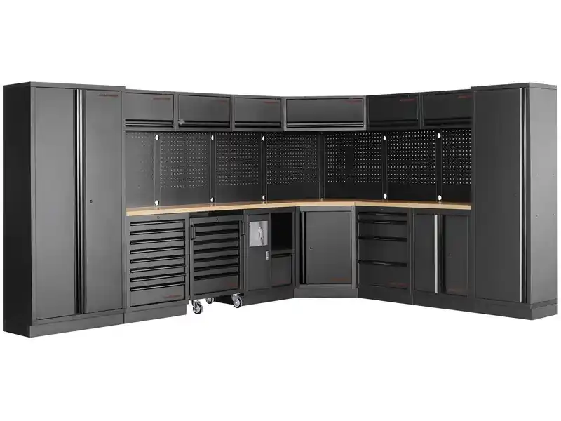 AKCE KW Dílenská stěna rohová 3819/2824x488x2000mm, deska Multiplex MOBILIO BLACK dílenský nábytek