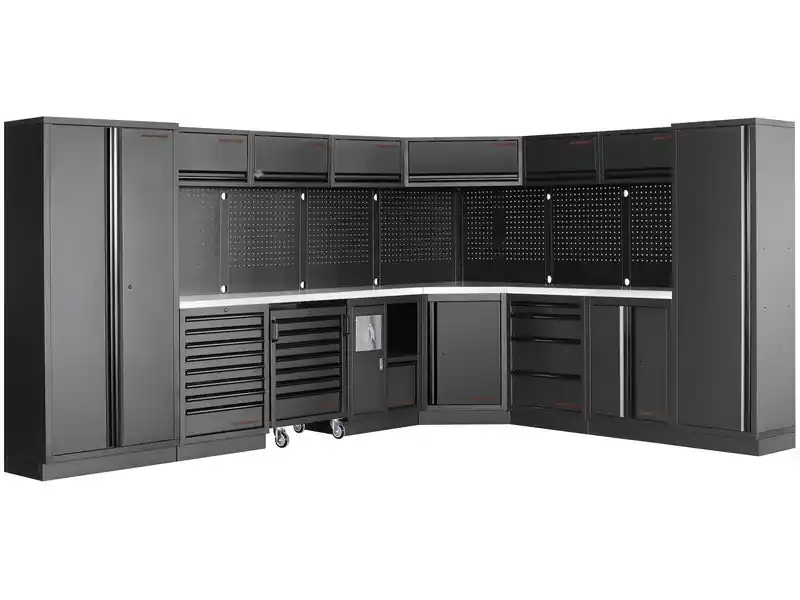 Dílenská stěna rohová 3819/2824x488x2000mm, deska NEREZ MOBILIO BLACK dílenský nábytek