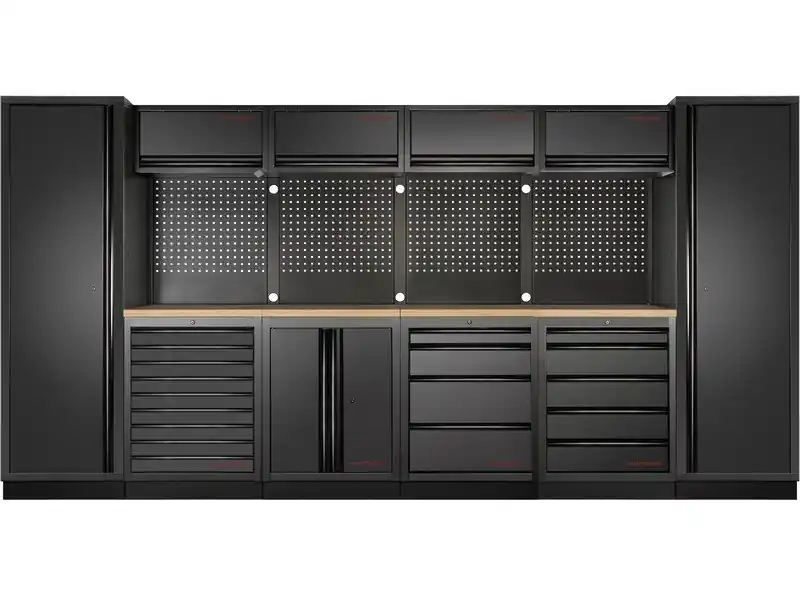 Dílenská stěna 3920x488x2000mm 18 zásuvek a skříňka, deska Multiplex MOBILIO BLACK dílenský nábytek