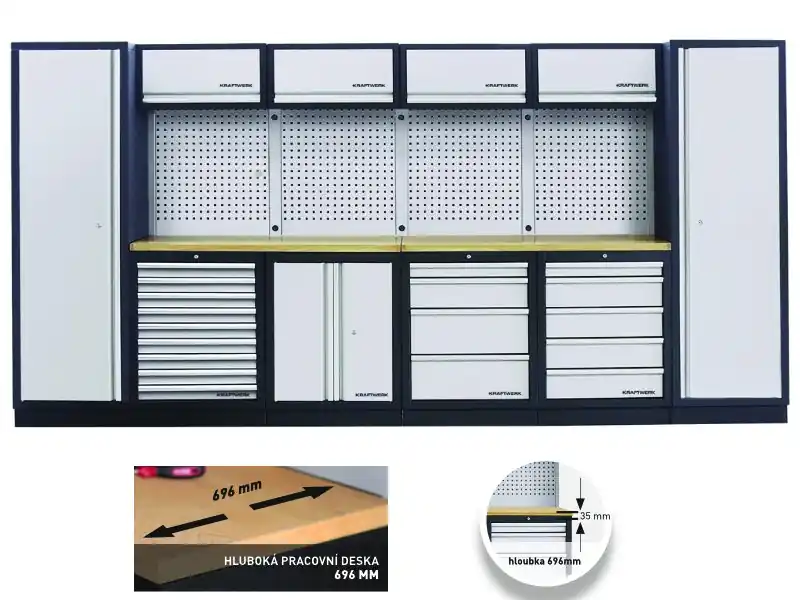 AKCE KW Dílenská stěna 3920x721x2000mm 18 zásuvek a skříňka, deska Multiplex EXTRA HLUBOKÁ MOBILIO GREY dílenský nábytek