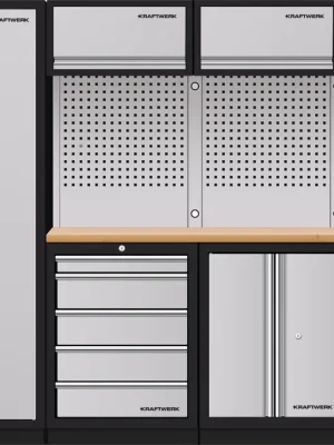 AKCE KW Dílenská stěna 2955x488x2000mm 9 zásuvek a skříňka, deska Multiplex MOBILIO GREY dílenský nábytek