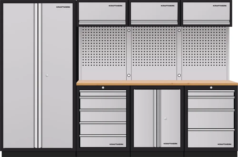 AKCE KW Dílenská stěna 2955x488x2000mm 9 zásuvek a skříňka, deska Multiplex MOBILIO GREY dílenský nábytek