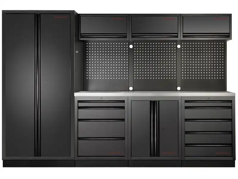 Dílenská stěna 2955x488x2000mm 9 zásuvek a skříň, deska NEREZ MOBILIO BLACK dílenský nábytek