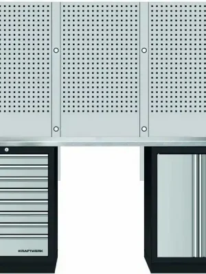 AKCE KW Dílenský stůl 2040x488x2000mm, 2 dveře + 8 zásuvek + záda, deska NEREZ MOBILIO GREY dílenský nábytek
