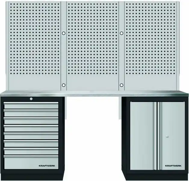 AKCE KW Dílenský stůl 2040x488x2000mm, 2 dveře + 8 zásuvek + záda, deska NEREZ MOBILIO GREY dílenský nábytek