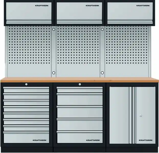 AKCE KW Dílenská stěna 2040x488x2000mm, deska Multiplex MOBILIO GREY dílenský nábytek