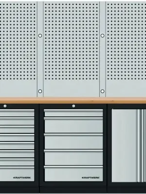 AKCE KW Dílenský stůl 2040x488x2000mm, 2 dveře + 13 zásuvek + záda, deska Multiplex MOBILIO GREY dílenský nábytek