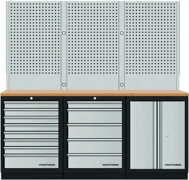 AKCE KW Dílenský stůl 2040x488x2000mm, 2 dveře + 13 zásuvek + záda, deska Multiplex MOBILIO GREY dílenský nábytek