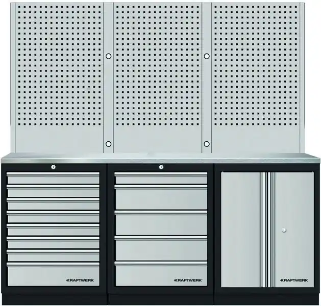 AKCE KW Dílenský stůl 2040x488x2000mm, 2 dveře + 13 zásuvek + záda, deska NEREZ MOBILIO GREY dílenský nábytek