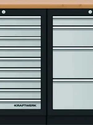 AKCE KW Dílenský stůl 1360x458x945mm, 13 zásuvek, deska Multiplex MOBILIO GREY dílenský nábytek