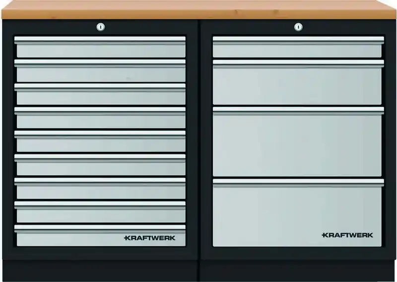 AKCE KW Dílenský stůl 1360x458x945mm, 13 zásuvek, deska Multiplex MOBILIO GREY dílenský nábytek