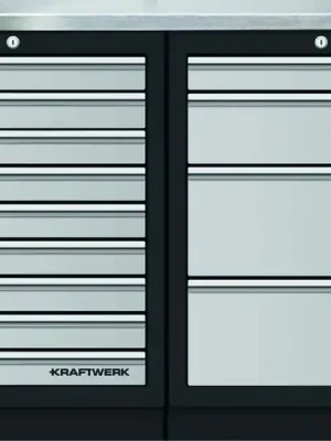 AKCE KW Dílenský stůl 1360x458x948mm, 13 zásuvek, deska NEREZ MOBILIO GREY dílenský nábytek