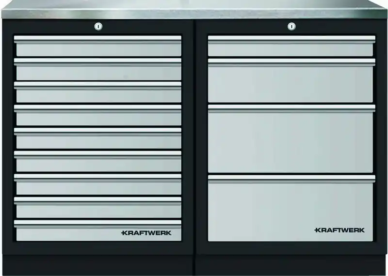 AKCE KW Dílenský stůl 1360x458x948mm, 13 zásuvek, deska NEREZ MOBILIO GREY dílenský nábytek