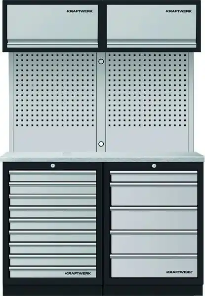 AKCE KW Dílenská stěna 1360x488x2000mm 14 zásuvek, deska NEREZ MOBILIO GREY dílenský nábytek