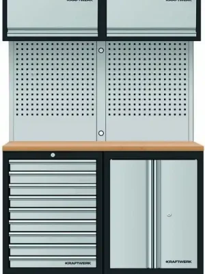 AKCE KW Dílenská stěna 1360x488x2000mm 9 zásuvek a skříňka, deska Multiplex MOBILIO GREY dílenský nábytek