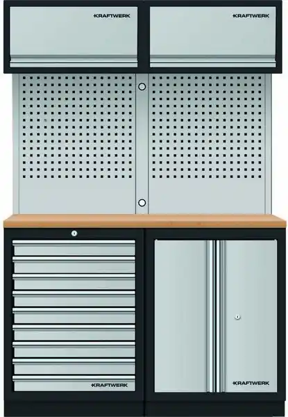 AKCE KW Dílenská stěna 1360x488x2000mm 9 zásuvek a skříňka, deska Multiplex MOBILIO GREY dílenský nábytek