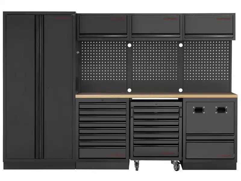 Dílenská stěna 2955x488x2000mm 17 zásuvek, skříňka a vozík Muliplex MOBILIO BLACK dílenský nábytek