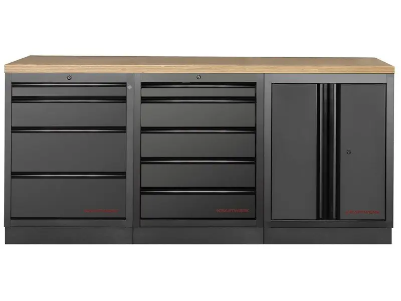Dílenský stůl 2040x458x945mm, 2 dveře + 9 zásuvek, deska Multiplex MOBILIO BLACK dílenský nábytek