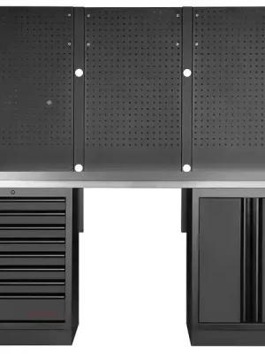 Dílenský stůl 2040x488x2000mm, 2 dveře + 8 zásuvek + záda, deska NEREZ MOBILIO BLACK dílenský nábytek