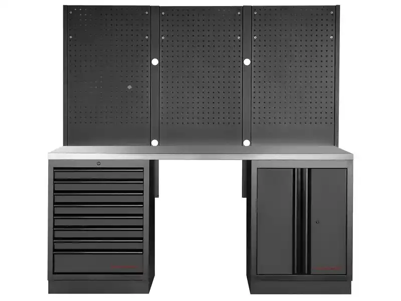 Dílenský stůl 2040x488x2000mm, 2 dveře + 8 zásuvek + záda, deska NEREZ MOBILIO BLACK dílenský nábytek