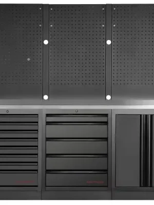 Dílenský stůl 2040x488x2000mm, 2 dveře + 13 zásuvek + záda, deska NEREZ MOBILIO BLACK dílenský nábytek